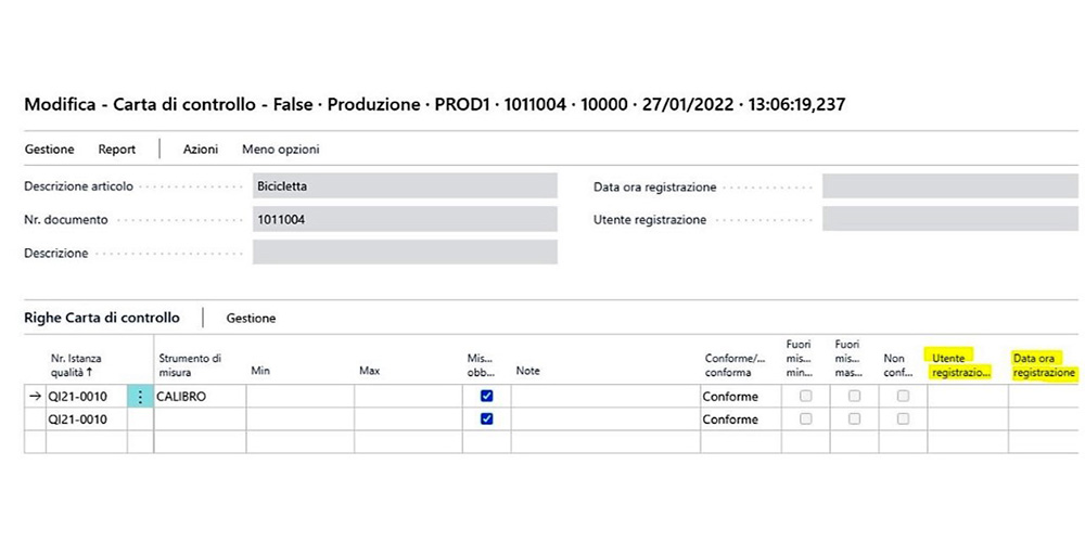 Campi per Carte di Controllo in Tempo Zero QMS - Gestione QUalità