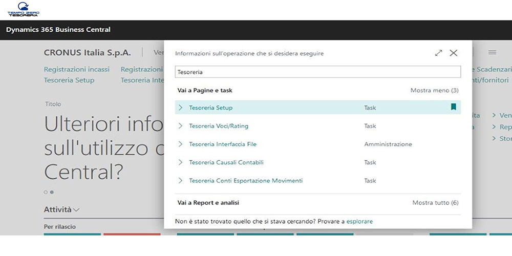 Menù Tempo Zero  Tesoreria