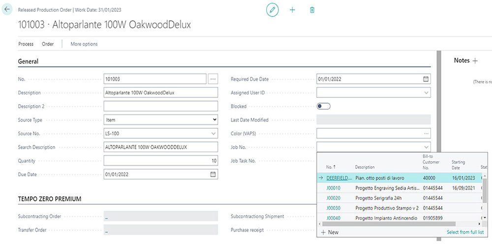 Tempo Zero Jobs: seleziona della commessa nell'ordine produzione
