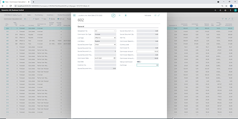 Inserimento e dettaglio di una nuova riga di provvigioni