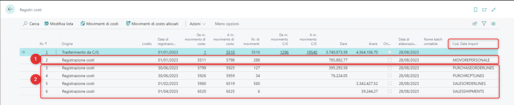 Screenshot App Tempo Zero COA: vista dei registri dei movimenti di costo acquisiti | NAV-lab