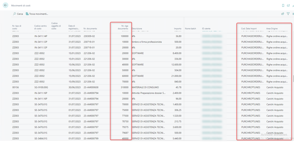 Screenshot App Tempo Zero COA: dettaglio dei movimenti di costo acquisiti in cost accounting | NAV-lab