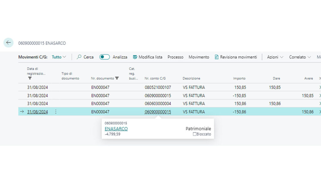 Screenshot App Tempo Zero Enasarco: Scrittura contabile e movimenti | BusinessCentralApp