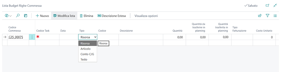 Budget Commesse: lista righe in Tempo Zero Jobs per Business Central | Navlab
