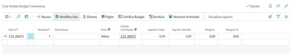 Budget Commesse: lista testata in Tempo Zero Jobs per Business Central | Navlab