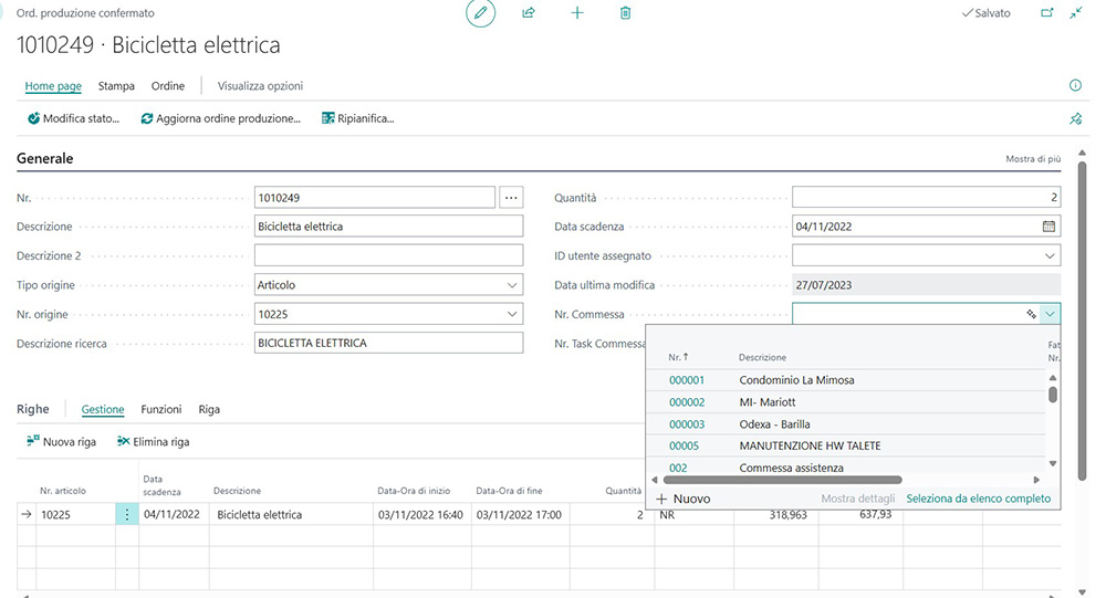 Videata ordine produzione per commessa in Tempo Zero Jobs per Microsoft Business Central | Navlab