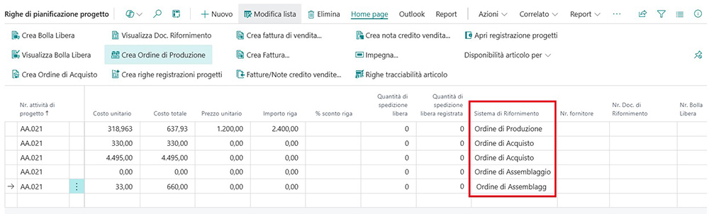 Videata righe pianificazione commessa in Tempo Zero Jobs per Microsoft Business Central | Navlab