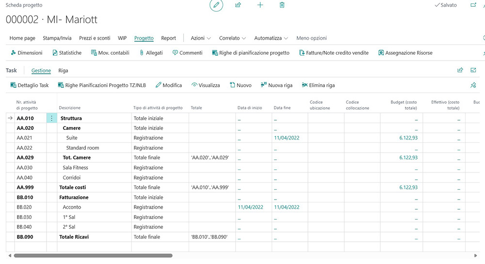 Videata della scheda commessa in Tempo Zero Jobs per Microsoft Business Central | Navlab